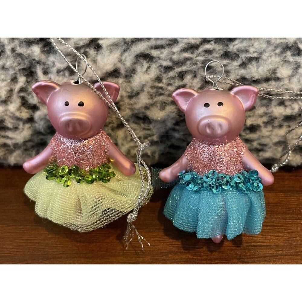 Ballerina 2 Mini Pig Christmas‎ Ornament Green Blue Tutu Glittery Ballet NEW #2